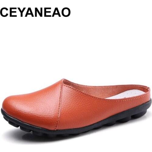 CEYANEAO2019Fashion Female Genuine Leathe Shoes New Summer Breathable Slippers Casual Soft Flat Slides Peas Shoe for WomenE1812