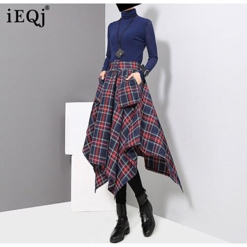 IEQJ 2021 New Fashion Spring High Waist Plaided Asymmetrical Spliced Pocket Spliced Halfbody Skirt Female Tide JD40205