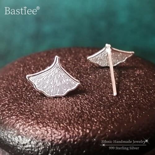 Small Ginkgo Leaf 999 Sterling Silver Stud Earrings For Women Earring 2020 Luxury Jewelry Boho Handmade Ear Studs Tips Ethnic