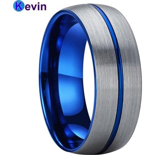 Men Women Wedding Band Blue Tungsten ring Dome Band Center Groove 6MM 8MM Comfort Fit
