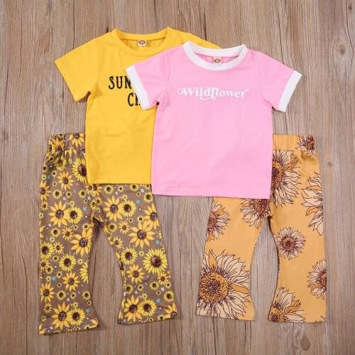 OPPERIAYA Summer Kids Baby Girls Clothes Casual Set Letter Print Short Sleeve O-neck T-shirt Sunflower Prints Flared Trousers
