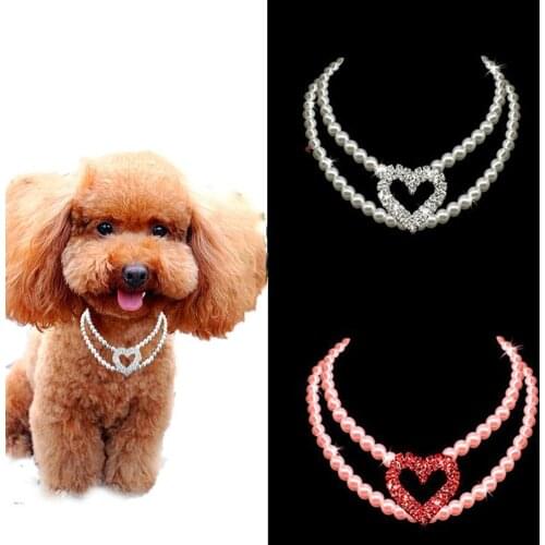 Pet Collar Heart-shaped Crystal Pearl Bead Necklace Jewelry for Cat Dog