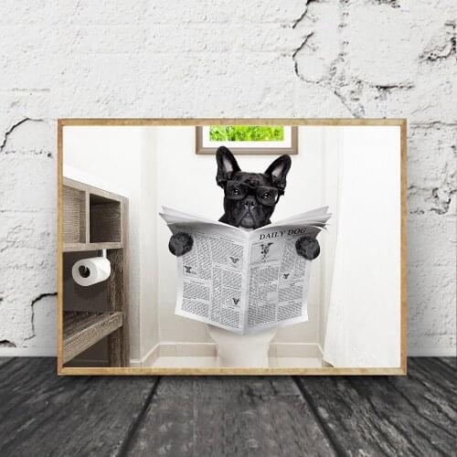 Animal Poster Dog Reading Newspaper Canvas Painting Wall Art Funny Dog Toilet Art Poster Decoration Wall Pictures For Bathroom