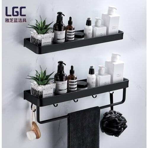 Nordic style space aluminum black bathroom rack free punch wall hanging toilet vanity towel storage wall