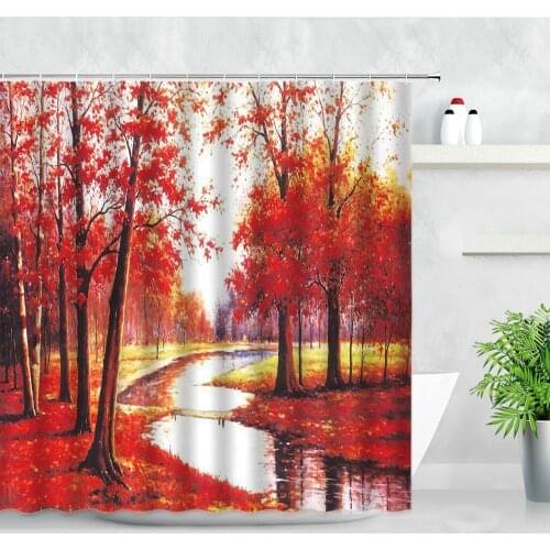 Forest Maple Shower Curtains Red Leaf Fallen Leaves Stream Water Oil Painting Art Modern Waterproof Bathroom Decor Curtain Sets