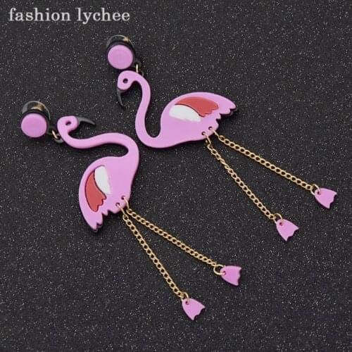 Fashion lychee Lovely Birds Purple Flamingo Acrylic Dangle Earrings Metal Chain Drop Earrings For Women Jewelry