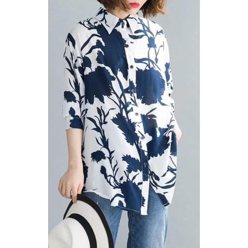 Plus Size Women Shirts Spring Summer Lady Tops Tunic Cotton Casual Loose Print Long Sleeve Button Cardigan Clothes 2021
