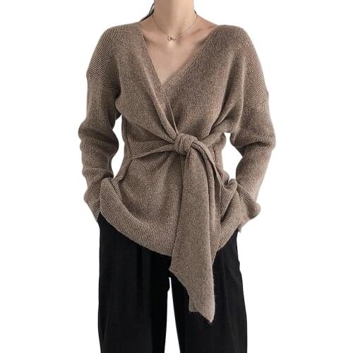 Korean Style Chic New Women Elegant V-Neck Bandage Long Sleeve Sweater Female Loose Casual Knitwear Female Fashion Knitted Tops