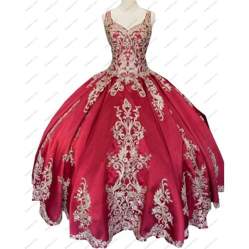 2021 Vestidos De 15 Anos Burgundy and Gold Embroidery Lace Cheap Quinceanera Ball Gown Puffy Mexican Sweet 16 Dress Keyhole Back