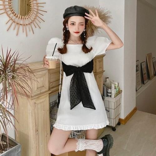 Bow White Dresses for Women Square Collar Summer Japan Sweet Style Puff Sleeve Fashion Brand New A-line Mini-dress Black