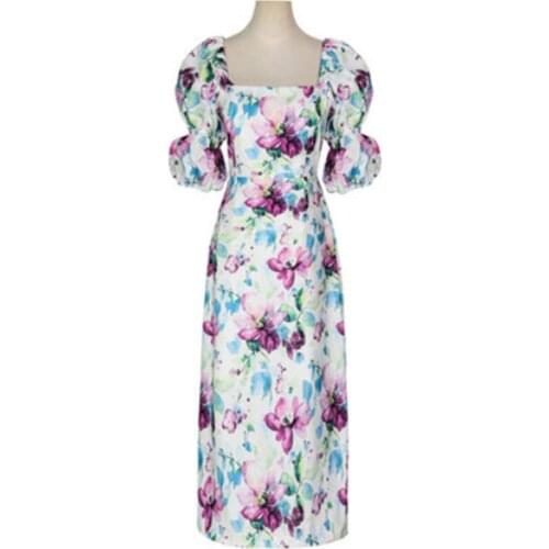 Summer Dress 2021 Retro Women square collar Floral Print Dress Puff Sleeve slim a-line dress