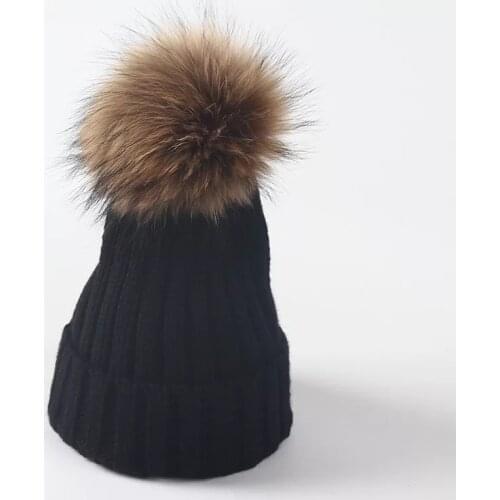 KENSHELLEY Winter Outdoor Ski Knitted Warm Hat Solid Color Stripes Soft Beanies Real Racoon Hair Pom Pom Beanie Hats For Woman