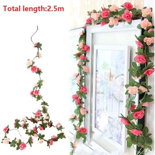 2.5M Artificial Rose Vine Hanging Flowers for Wall Decoration Rattan Fake Plants Leaves Garland Romantic Wedding Home Decoration
