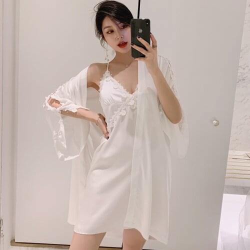 2pcs Womens Sleep Lounge Robe Gown Sets Sleepwear Womens Sleep Set Femme Lingerie Set Nightwear Lace Homewear