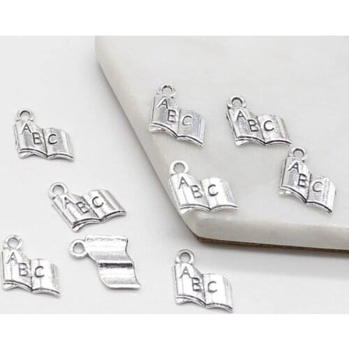 20pcs Open Book Charm abc 11x11mm Set colgante antiguo, plata tibetana vintage, collar de pulsera DIY