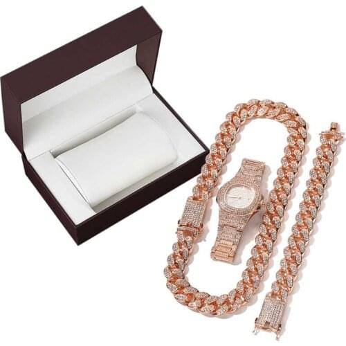 3Pcs Cool Rappers Luxury Mens Watch Shiny Cuban Bracelet Necklace Jewelry Set X7JB