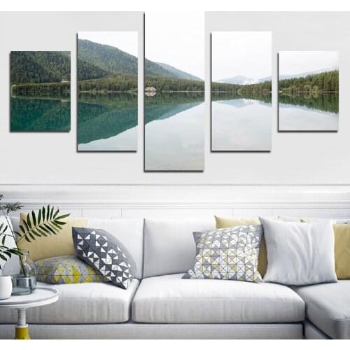 5Pcs Lush Forest and Lake Reflection Photography Symmetry Composition Art Modern Home Frameless Printing Decorative Poster