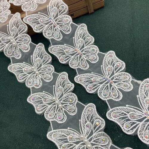 1 Yard New Rhinestone Butterfly Rose Flower Embroidered Appliques Trim Ribbon Sewing Lace Fabric Craft Wedding Dress Decoration