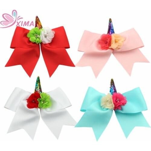 XIMA 7Inch Large Sequin Unicorn Bows for Girls Glitter Unicorn Hair Bow with Floral Sequin Horn Hair Clips Hair Accessories