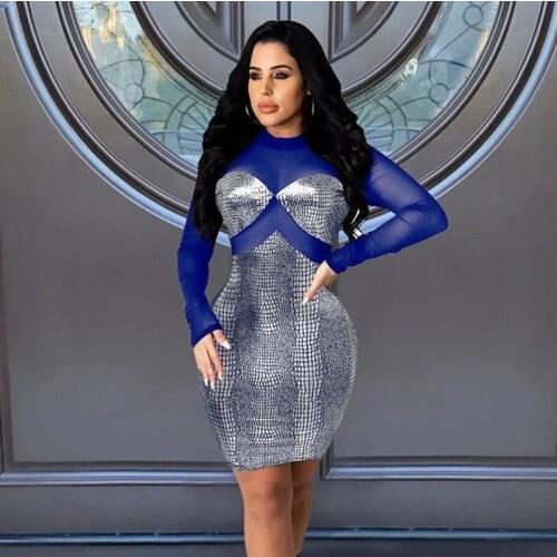 Shiny Patchwork Sheer Mesh Party Dress Women Spring Transparent Long Sleeve Mini Dress Club Outfits for Women Slim Sexy Dress