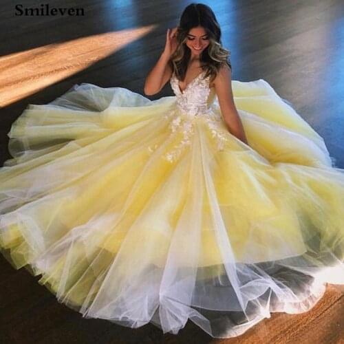 SmilevenLace V Neck Formal Evening Dresses 2020 A-line Appliques Backless Prom Party Gowns Long Custom Made