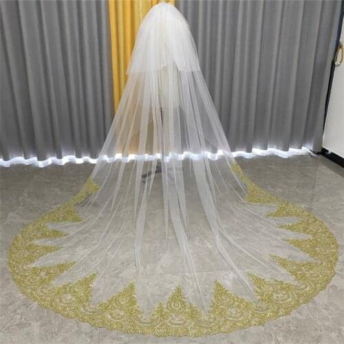 Real Photos Gold Lace 2T Wedding Veils With Comb Ivory White Tulle Two Layers Bridal Veils for Brides 3 Metres Velos de Novia