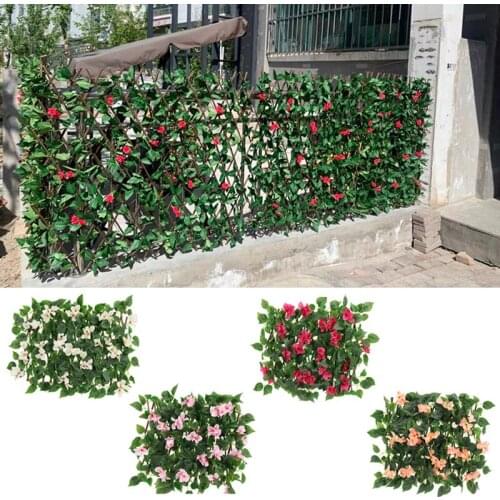 Artificial Leaf Garden Fence Adjustable Retractable Trellis Fence Privacy Protected Screen Wooden Hedge With Artificial Flowers