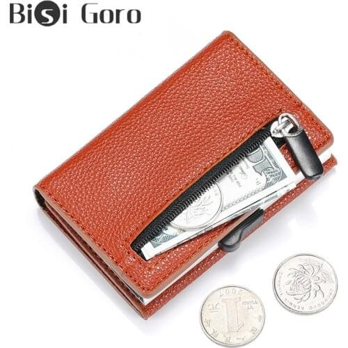 BISI GORO Anti Rfid Card Holder Coin Purse Men Women Change Purse Leather Money Bag Slim Small Pouch Mini Bag Metal Wallet Purse