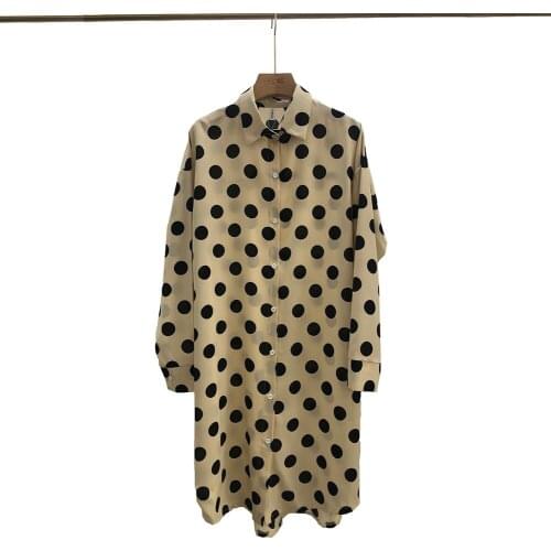 YOMING Trendy Fashion Long Lapel Straight-Breasted One Size Dot Printed Ladies Short Sleeve Shirt