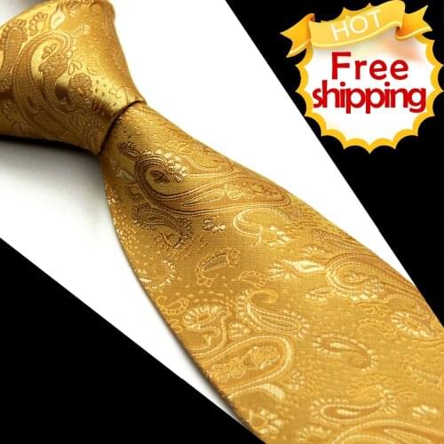 Wholesale Solid Paisley Yellow Gold Mens Tie Necktie Pocket Square 100% Silk Jacquard Woven Gorgeous Handmade Brand New