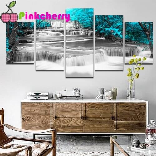 5 Piece Set 5D diamond painting Waterfall Tree Bright 3d diamond mosaic Full round diamond embroidery Blue Landscape Art k543
