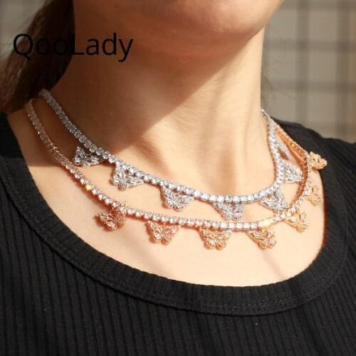 QooLady New Fashion Silver Color Charm Butterfly Necklace for Ladies Shining White CZ Stone Wedding Prom Statement Jewelry N009