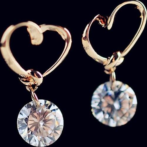 New Fashion Golden Love Heart Cutout Cute Rhinestone Pendant Zircon Earrings For Women Girl Accessories Jewelry Ear Clips