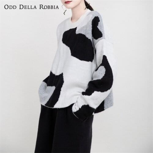 OddDellaRobbia 2021 Spring Summer Women Fashion Loose And Thin Wild Cow Round Neck Pullover Lazy Simple Knitted Sweater Top 1280