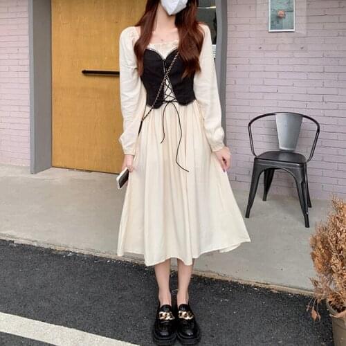 Autumn Solid Elegant Vintage Dress Women High Waist Princess Party Midi Casual Dress Female Long Sleeve France Sweet Sundress