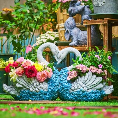 Pastoral Potted Fleshy Green Couple Swan Cement Flower Pot Ornaments Courtyard Garden Figurines Crafts Outdoor Furnishing Decor