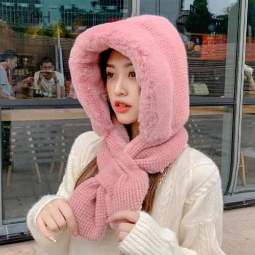 [PTAH] Knitted Hat Women Winter Hats for Women Ladies Pure Color Outdoor Girls Cute Cap Female Winter Warm Softer Hats Scarves