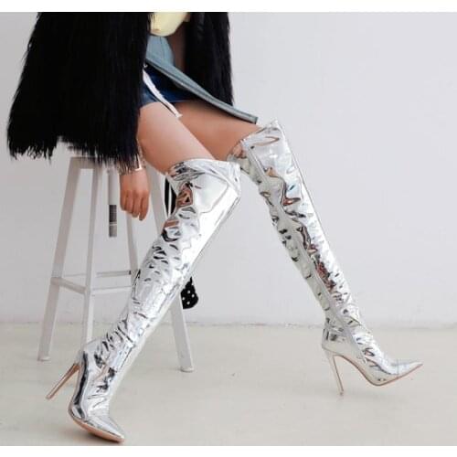 Autumn and Winter Sexy Club Boots Silver Color Super High Heels Boots 12cm Thin Heeled Zipper Over-the-Knee Boots Women Shoes