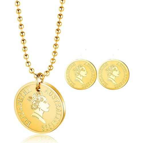 316L Stainless Steel Simple Personality Round Brand Queen Elizabeth Necklace Earring Set Womens Titanium Steel Jewelry Set