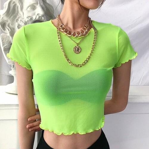 Mesh tops woman sexy solid color transparent womans t-shirt short fluorescent female top o-neck summer crop top femme