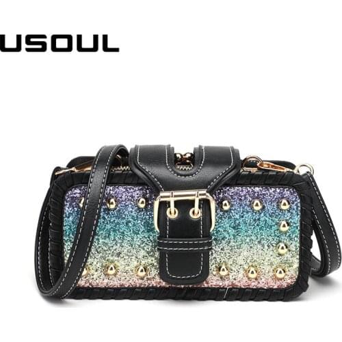 USOUL Glitter Women Bag 2020 Spring Flip Designer Handbag Elegant Stud Clutch Ladies Metal Buckle Rivet Messenger Shoulder Bags