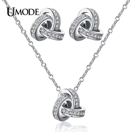 UMODE Bijoux Femme White Gold Color CZ Knot Stud Earrings & Pendant Necklaces For Women Fashion Jewelry Sets AUS0031
