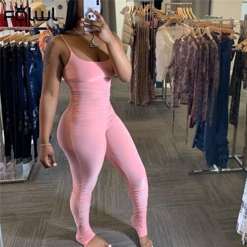 FQLWL Strap Pink Black Pleated Summer Bodycon Jumpsuit Women Backless Sleeveless Fitness Sexy Romper Ladies Long Jumpsuit Female