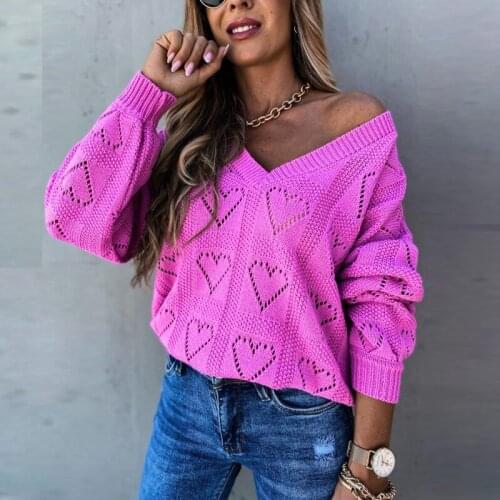 Winter New Knitted Sweater Ladies Casual Loose Solid Color Chain Link Knit Pullover Tops Feminine Hollow V-neck Jumper Top 2020
