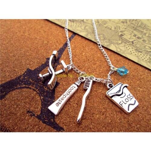 12pcs/lotfashion Dental Hygienist necklace Antique silver Dentist Chair /toothbrush/toothpaste /Dental Floss necklace