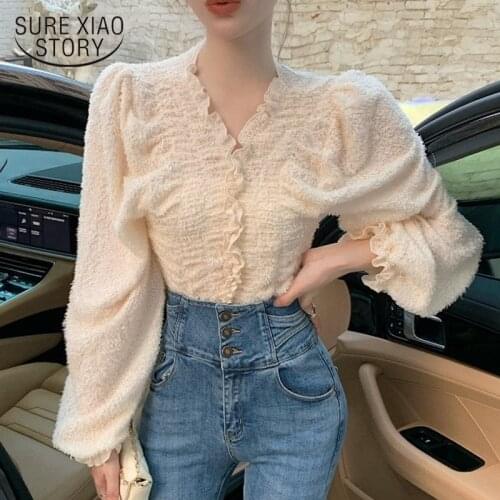 2021 Spring Korean Loose French Sweet Lace Blouse V-neck Lantern Sleeve Pleated Shirt Long Sleeve Tops Women Chemisier 12766