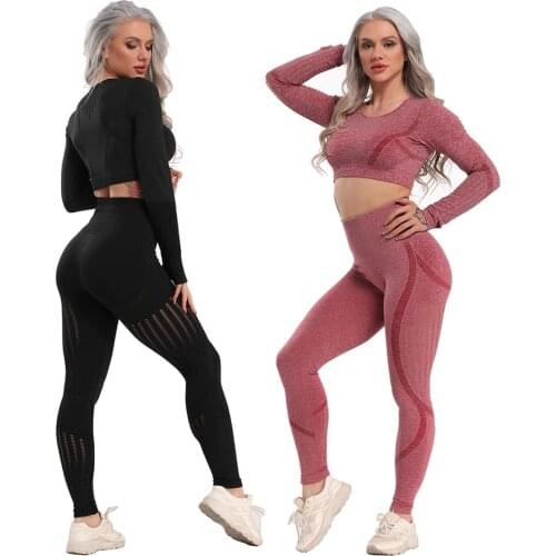 Seamless Yoga Set Fitness Women Sports Suits High Waist Leggings Push Up Yoga Pants Long Sleeve Workout Tops Gym Sportswear