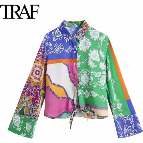 Traf Za Women Clothing Spring Autumn Long Sleeve Blouses Femme Loose Buttoned Shirts Chic Printed Tops Mujer
