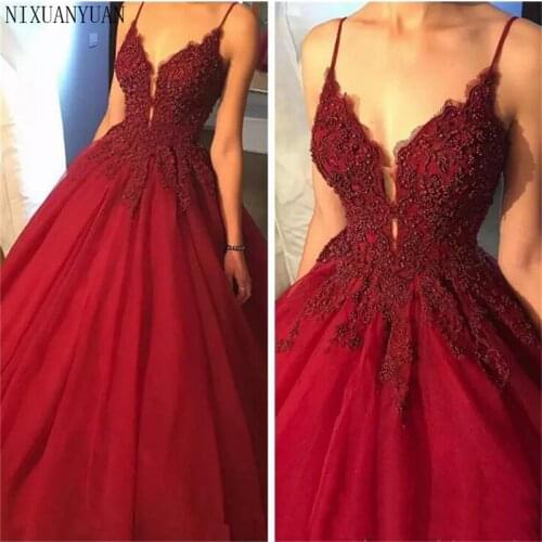 Burgundy Ball Gown Evening Dress 2021 Spaghetti Strap Beaded Appliques Tulle Long Formal Prom Gowns Custom Prom Robe De Soiree