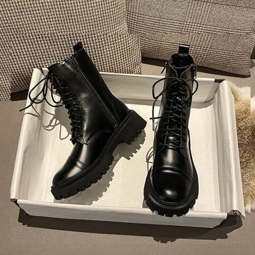 Platform Boots Leather Martin Boots Rubber Sole Womens Shoes Zipper Shoes Woman Booties Black Boots for Women